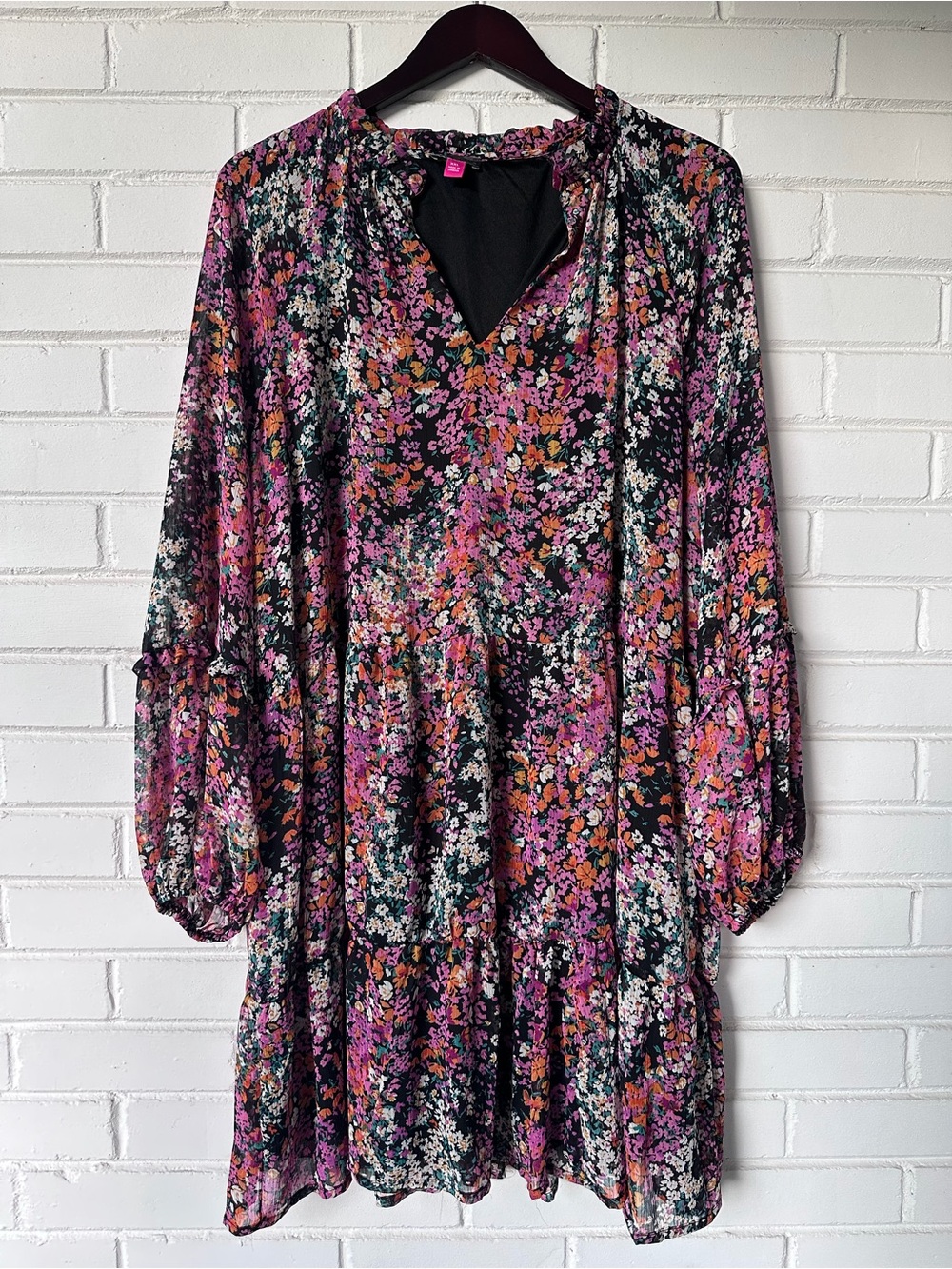 Vince Camuto Black Floral Tiered Long-Sleeve Dress with Pink and Orange Accents
